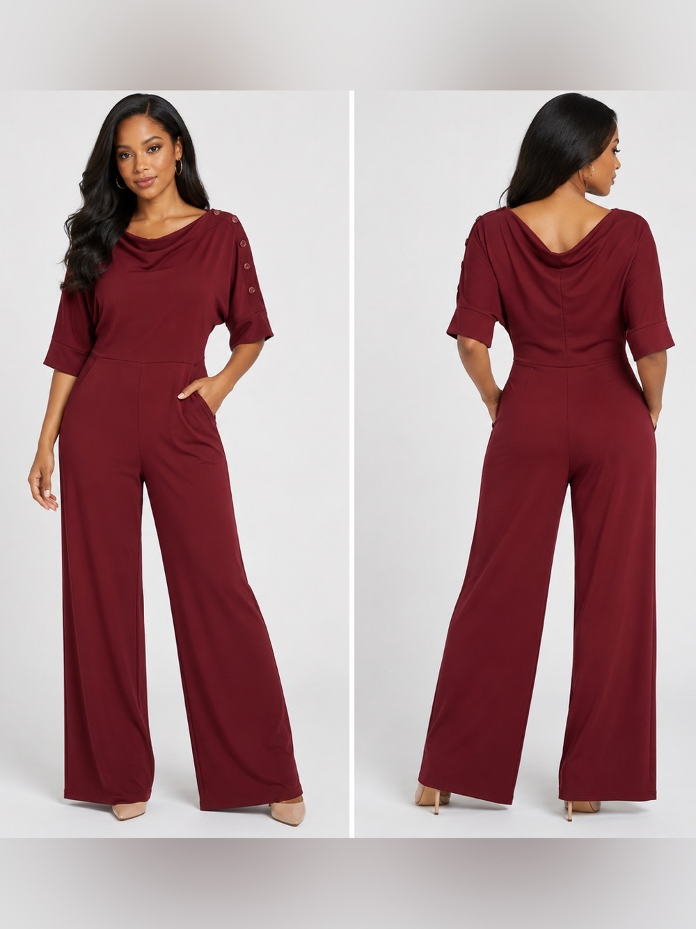 Women's Burgundy Wide-Leg Jumpsuit with Button Sleeve Detail